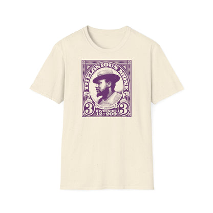 Cream t-shirt with purple Thelonious Monk portrait graphic and "The Unique Riverside 12-209".