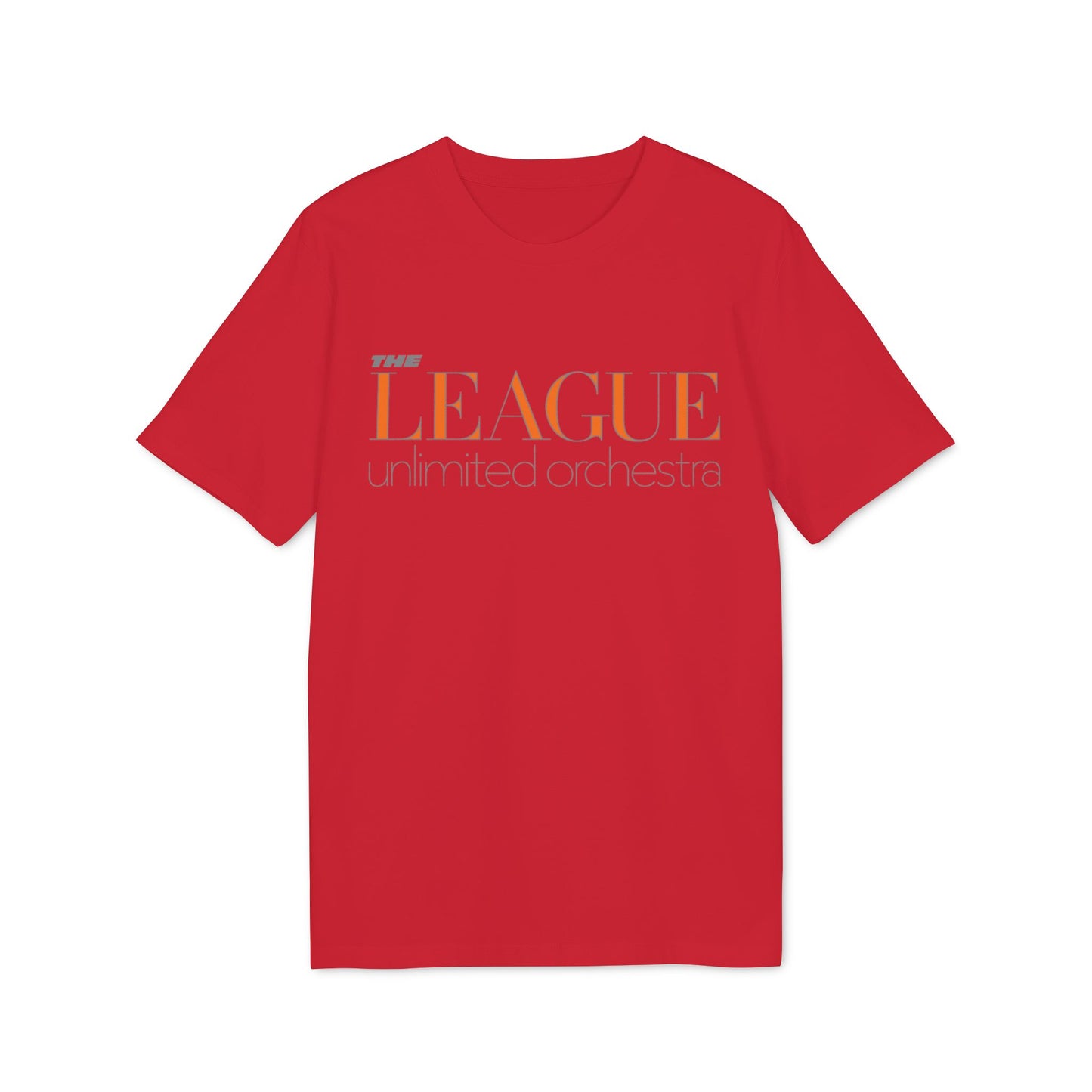 Red t-shirt with "The League unlimited orchestra" printed in orange and gray.