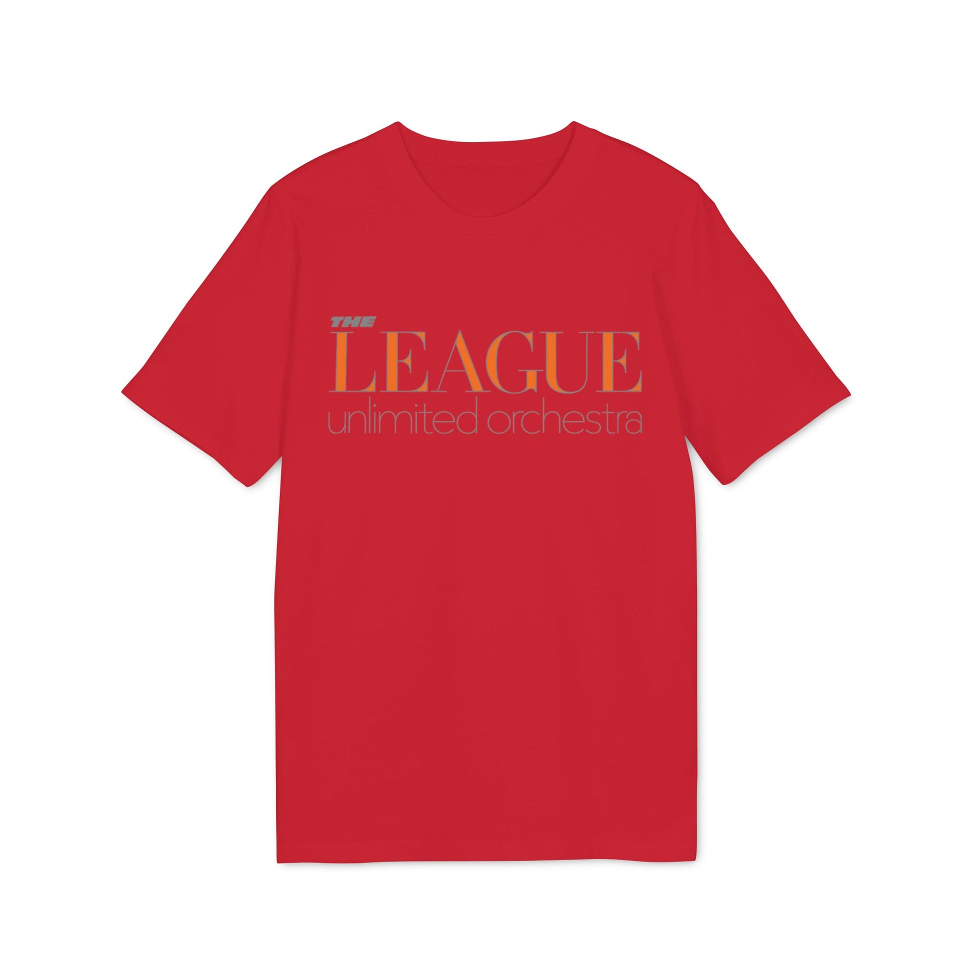 Red t-shirt with "The League unlimited orchestra" printed in orange and gray.