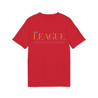 Red t-shirt with "The League unlimited orchestra" printed in orange and gray.