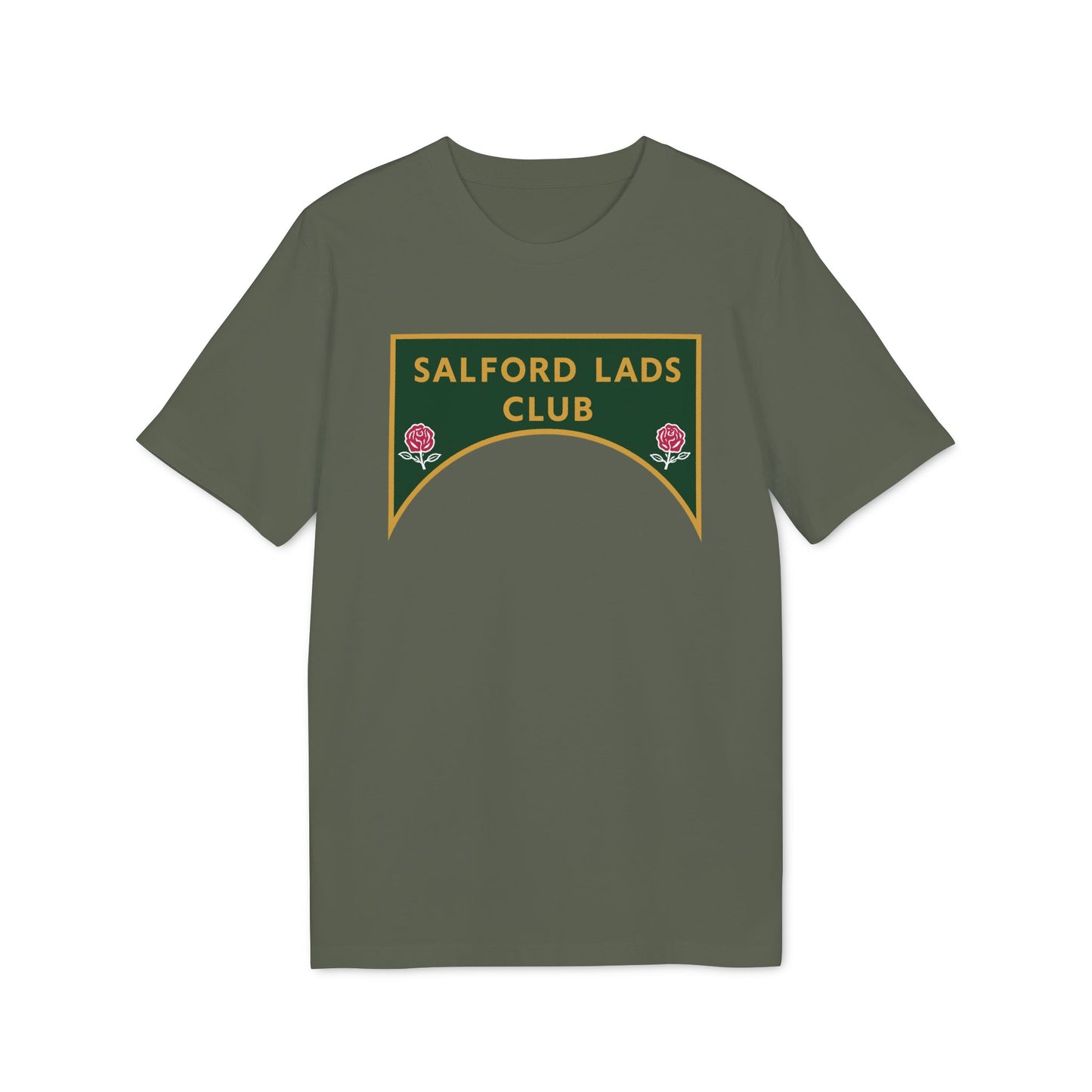Olive green t-shirt with a gold-bordered emerald green emblem reading "SALFORD LADS CLUB".