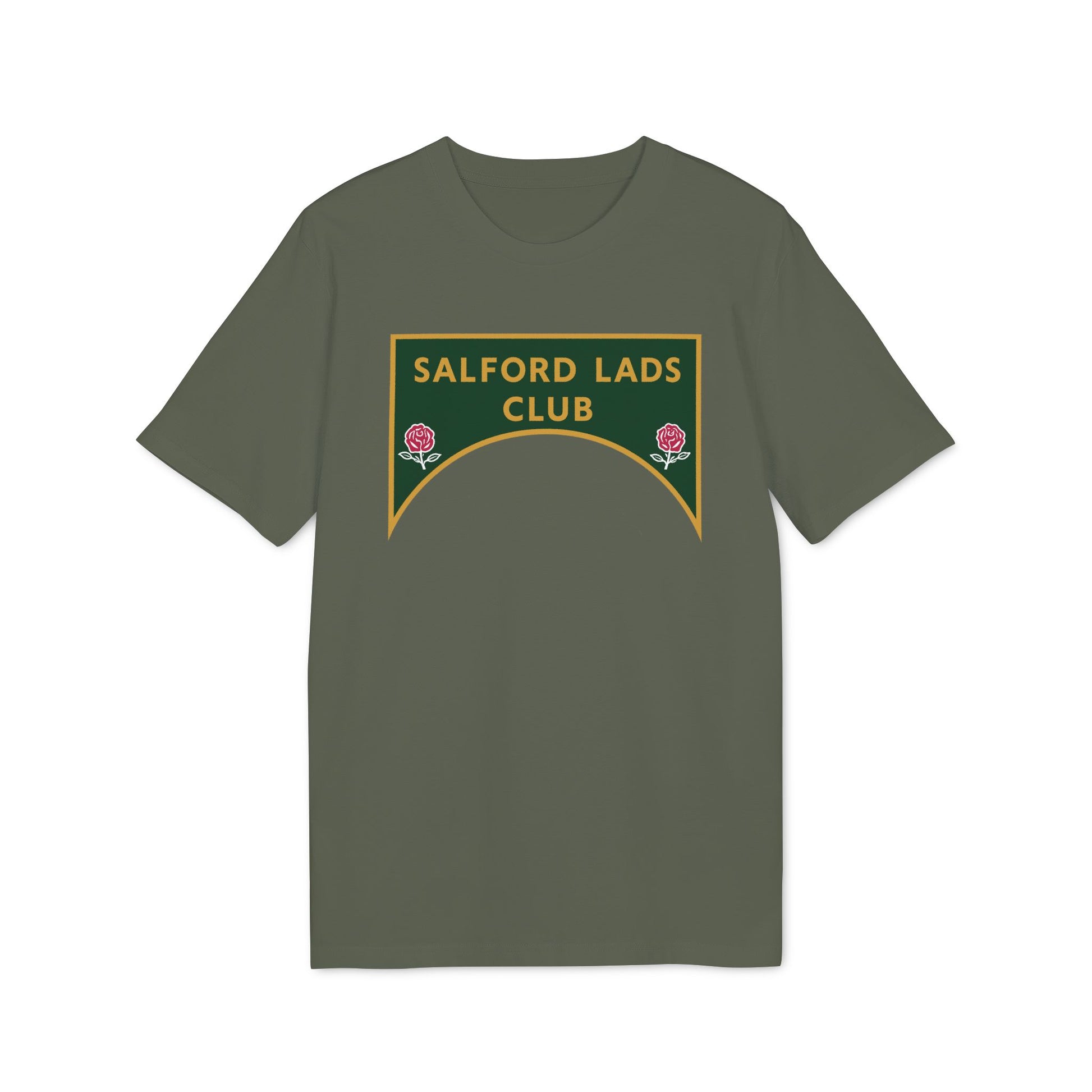 Olive green t-shirt with a gold-bordered emerald green emblem reading "SALFORD LADS CLUB".