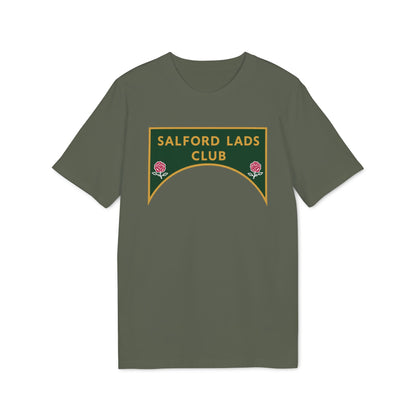 Olive green t-shirt with a gold-bordered emerald green emblem reading "SALFORD LADS CLUB".