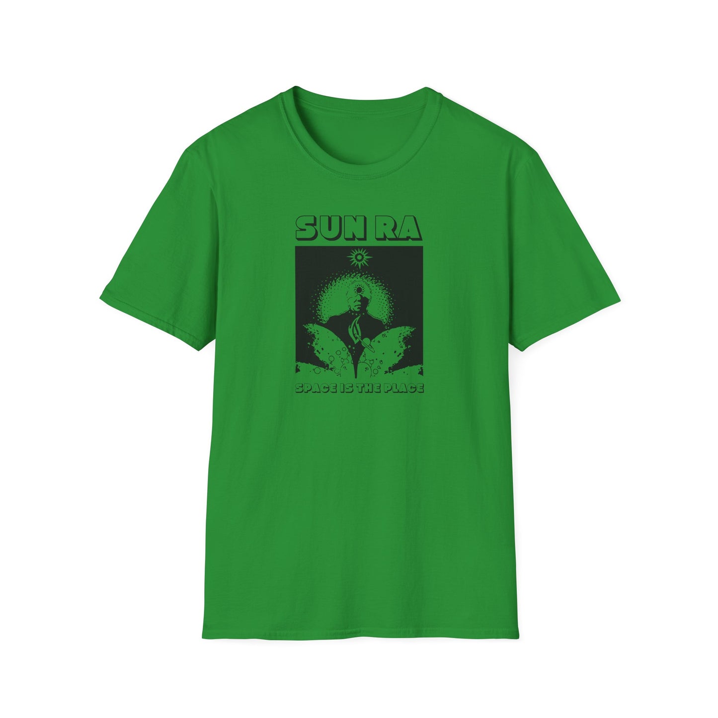 Green t-shirt with black Sun Ra "Space Is The Place" graphic design.