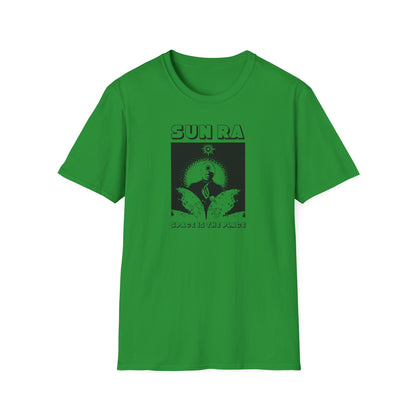Green t-shirt with black Sun Ra "Space Is The Place" graphic design.
