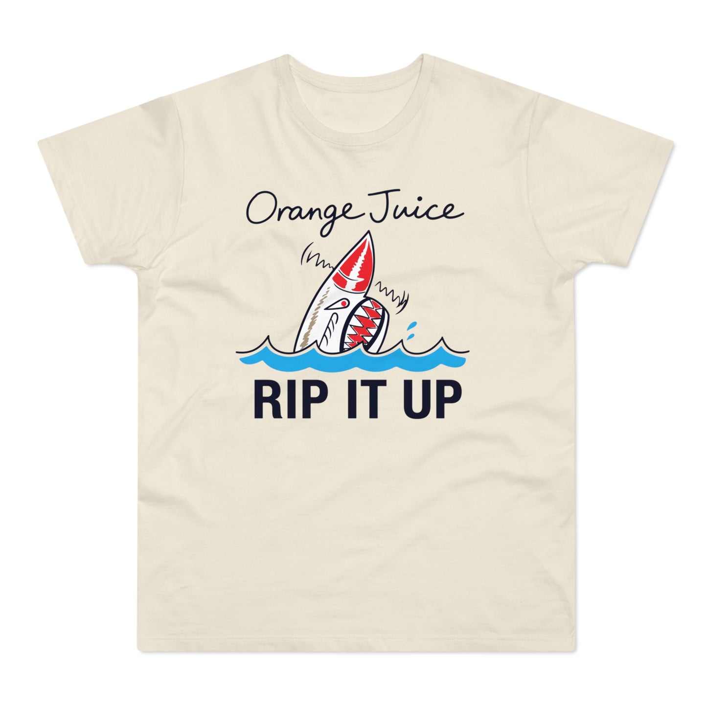 T-shirt with shark graphic and text "Orange Juice RIP IT UP".