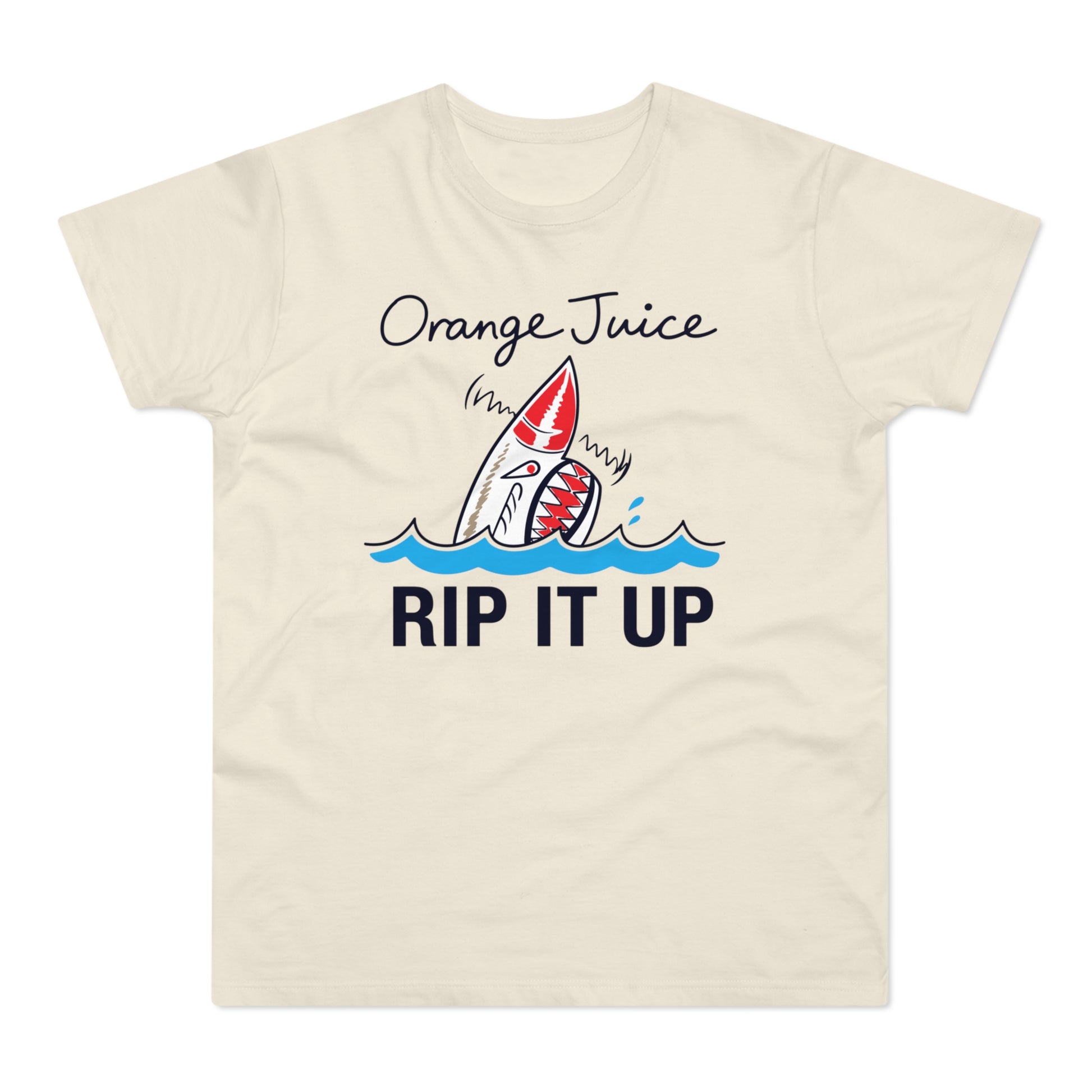 T-shirt with shark graphic and text "Orange Juice RIP IT UP".