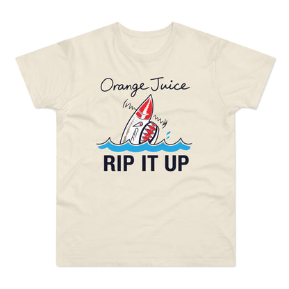 T-shirt with shark graphic and text "Orange Juice RIP IT UP".