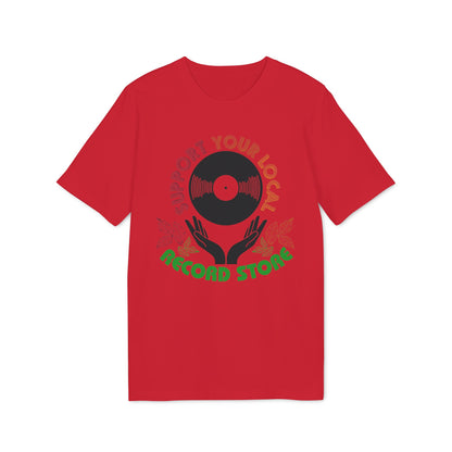 Red t-shirt with "Support Your Local Record Store" text and vinyl record graphic.