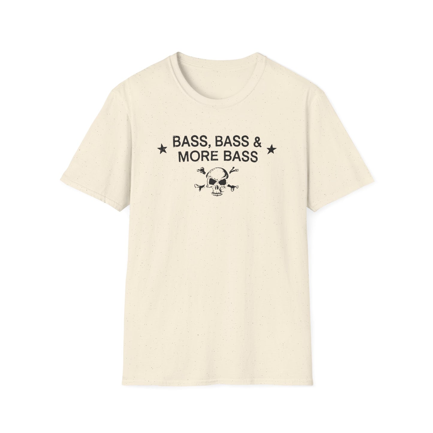 Cream t-shirt with "BASS, BASS & MORE BASS" text and skull graphic.