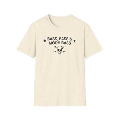 Cream t-shirt with "BASS, BASS & MORE BASS" text and skull graphic.