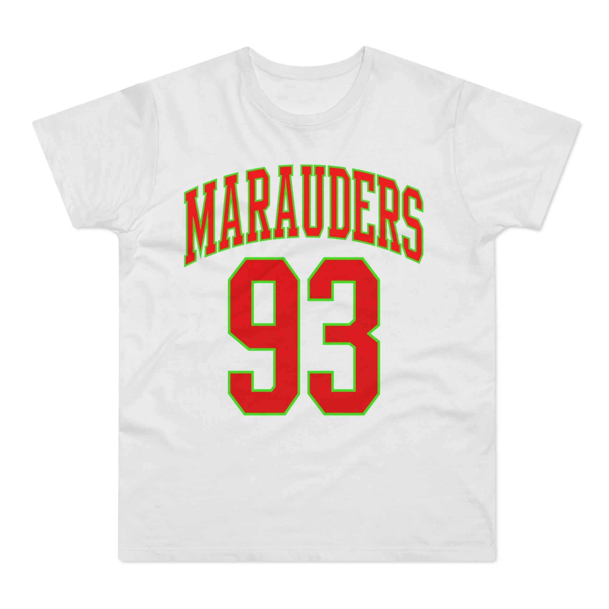 White t-shirt with red "Marauders" text and red "93" number with green trim.