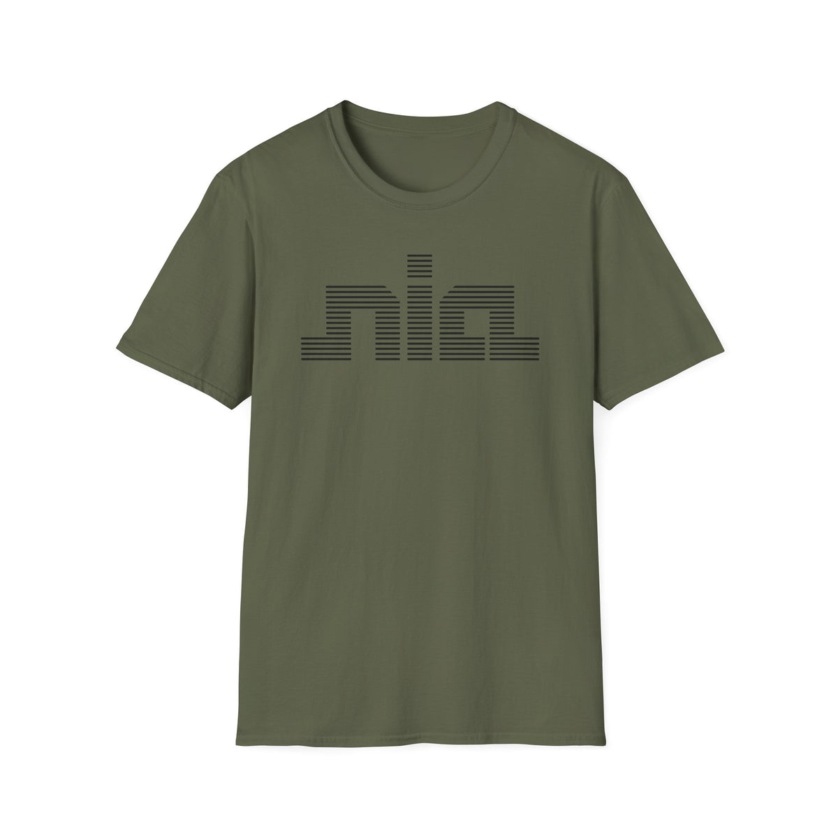 Olive green t-shirt with black horizontal striped "nia" logo on chest.