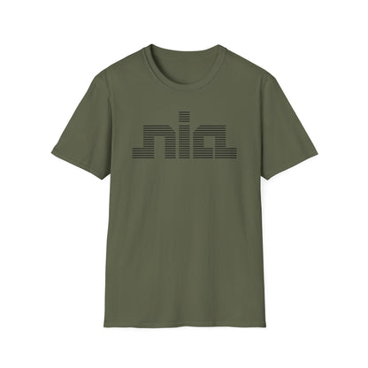 Olive green t-shirt with black horizontal striped "nia" logo on chest.
