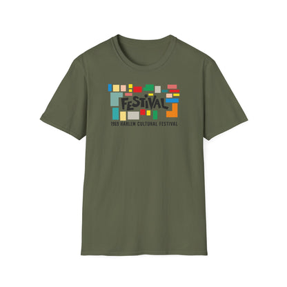 Green t-shirt with colorful blocks forming the word "FESTIVAL" and "1969 Harlem Cultural Festival".