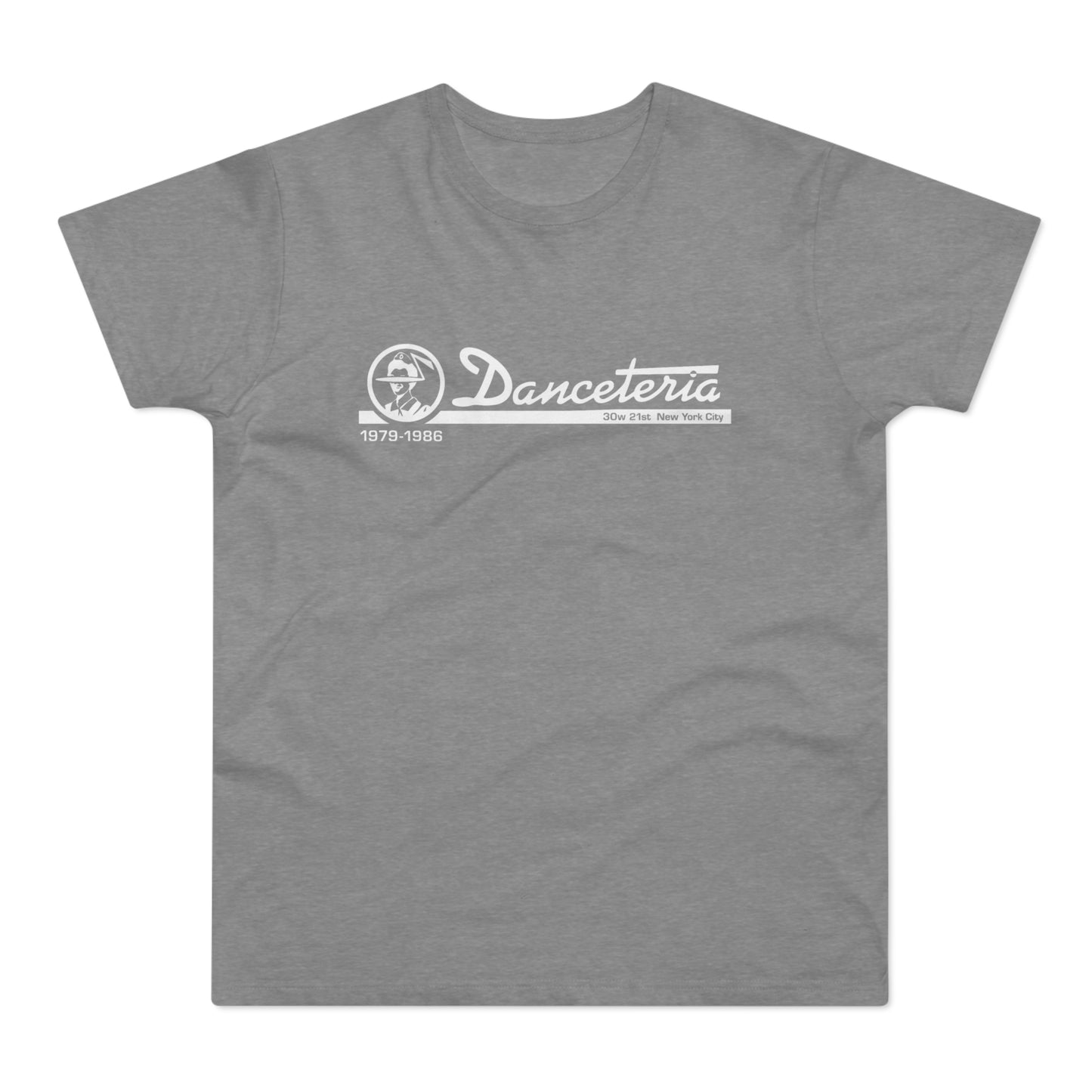 Grey t-shirt with white "Danceteria 1979-1986 30w 21st New York City" logo.