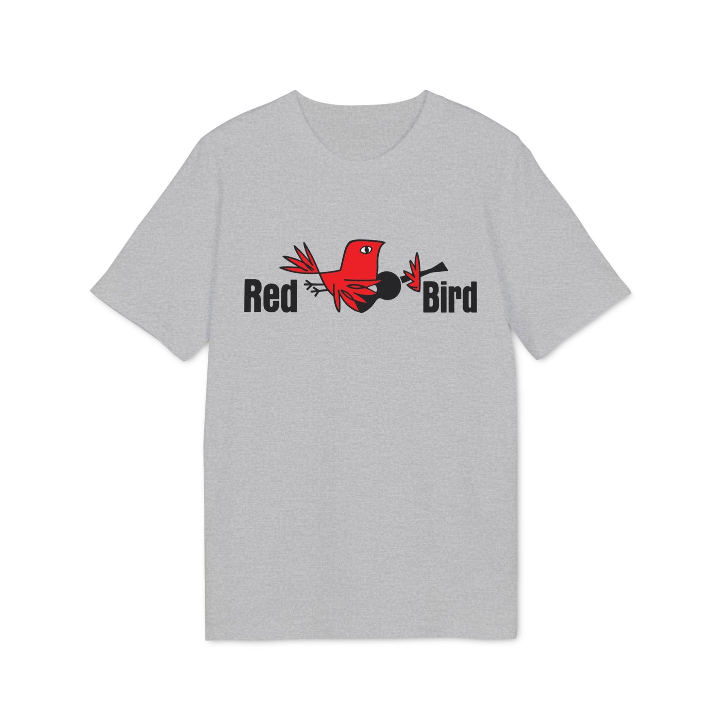Grey t-shirt with red bird logo and text "Red Bird".