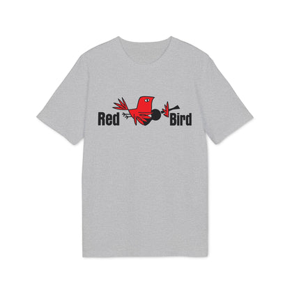 Grey t-shirt with red bird logo and text "Red Bird".