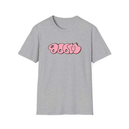 Grey t-shirt with bubble-style pink lettering and the letters "MF"