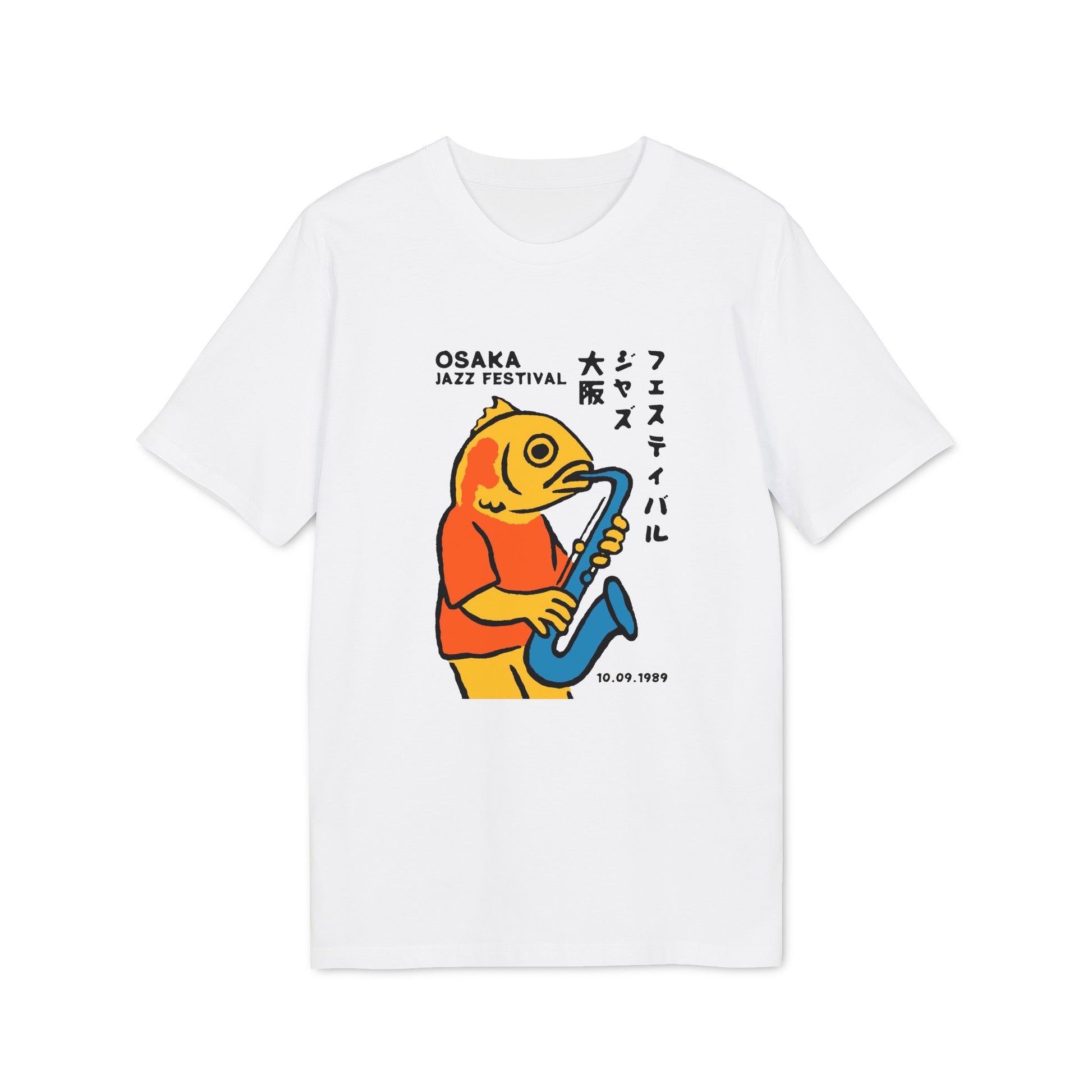 White t-shirt featuring a yellow fish playing a saxophone, with "Osaka Jazz Festival" text.
