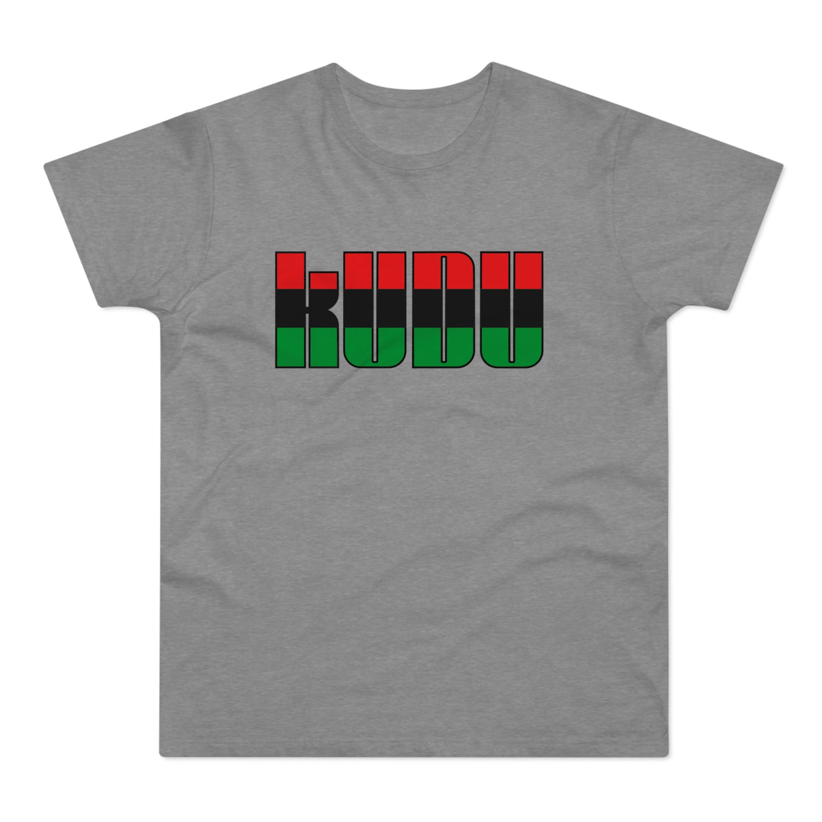Grey t-shirt with "KUWU" text in black letters filled with red, black, and green stripes.