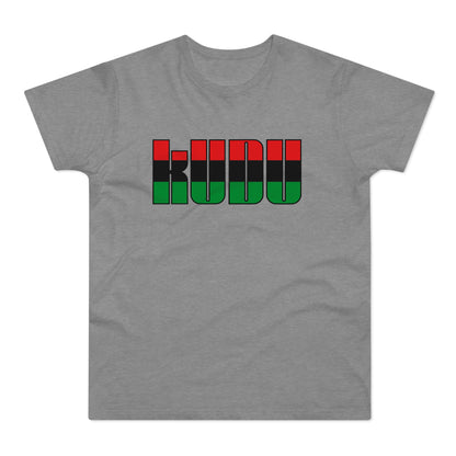 Grey t-shirt with "KUWU" text in black letters filled with red, black, and green stripes.