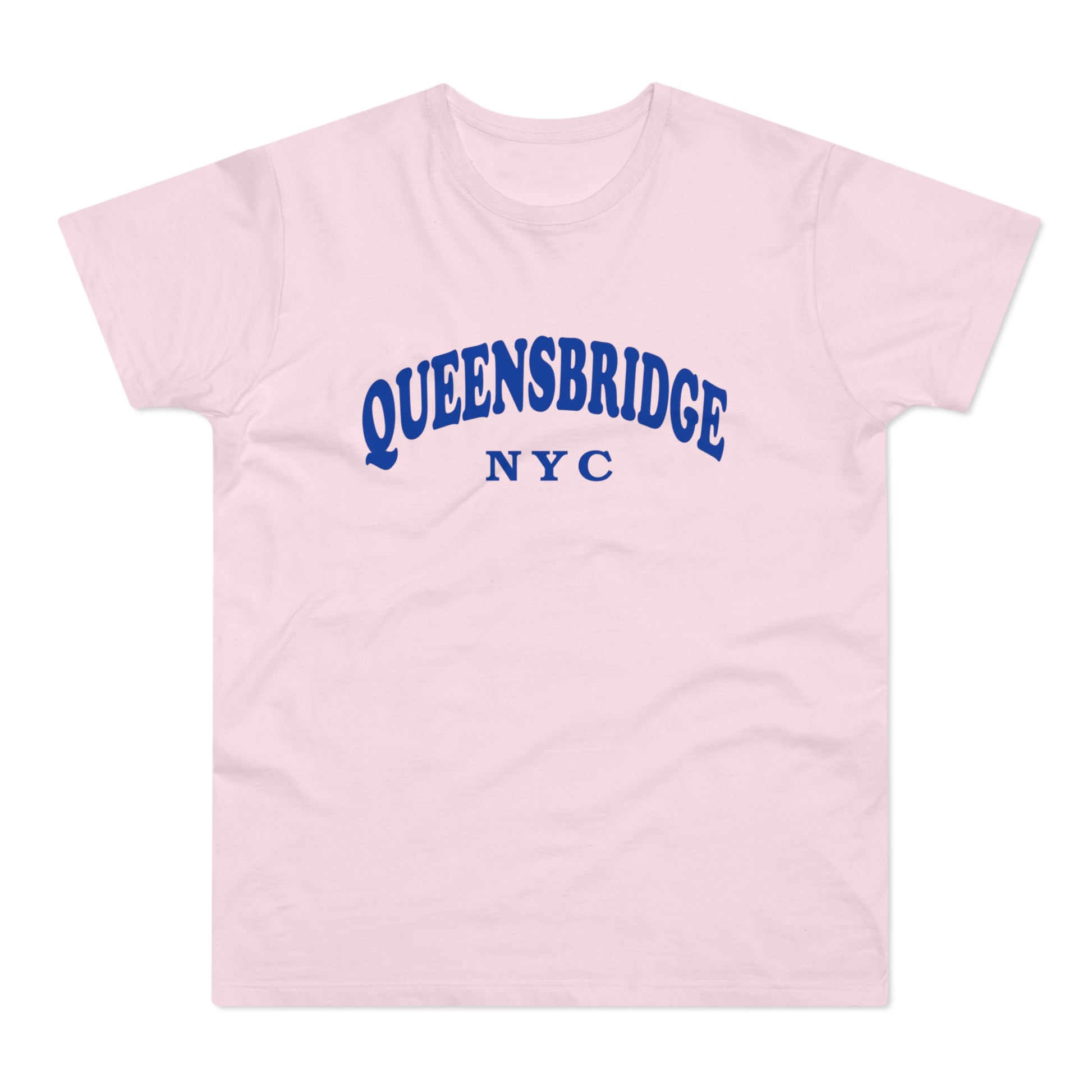 Pink t-shirt with blue "QUEENSBRIDGE NYC" text in curved lettering.