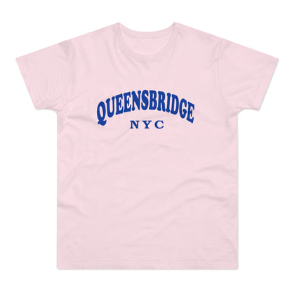 Pink t-shirt with blue "QUEENSBRIDGE NYC" text in curved lettering.