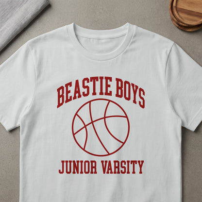 White t-shirt with red Beastie Boys Junior Varsity and basketball graphic.