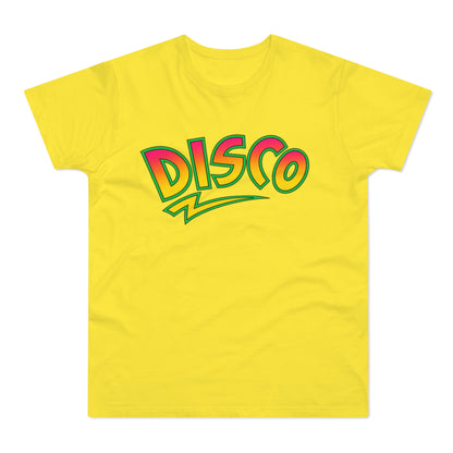 Yellow t-shirt with "DISCO" in bold, colorful, retro lettering.