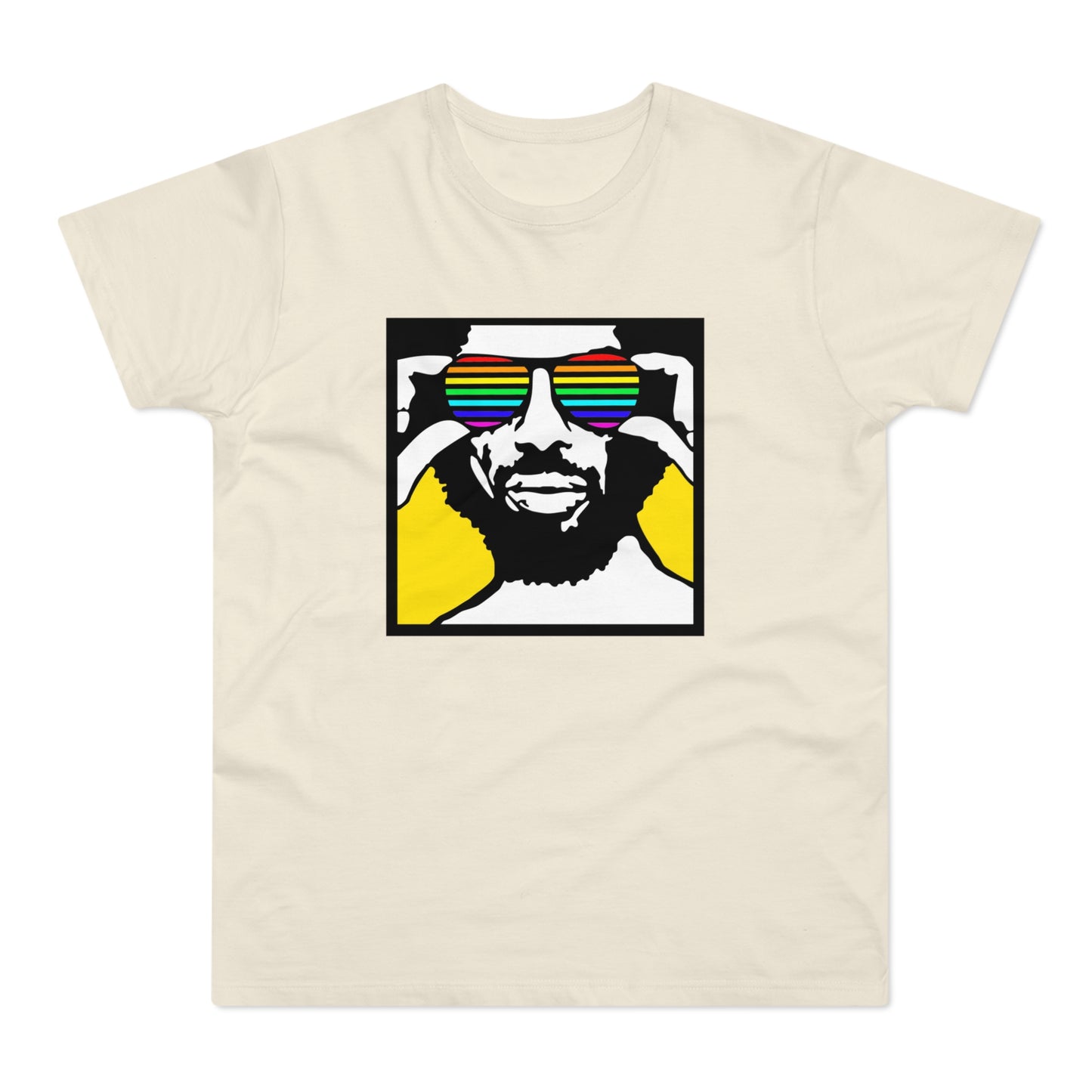 Illustration of a man wearing rainbow sunglasses on a yellow and black background.