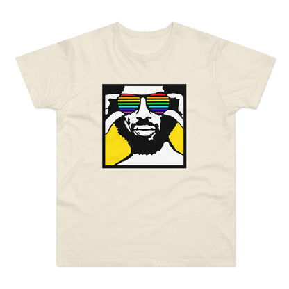 Illustration of a man wearing rainbow sunglasses on a yellow and black background.