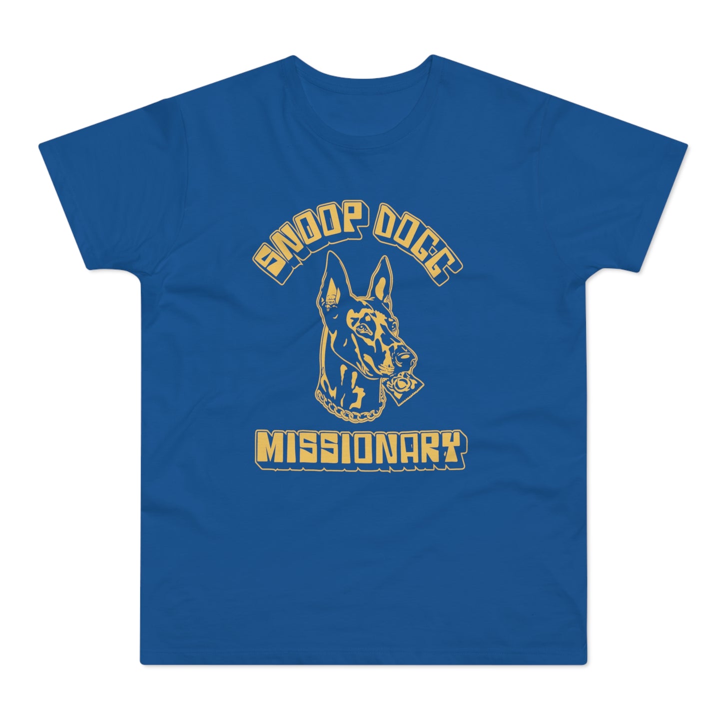 Blue t-shirt with gold Doberman graphic and "Snoop Dogg Missionary" text.