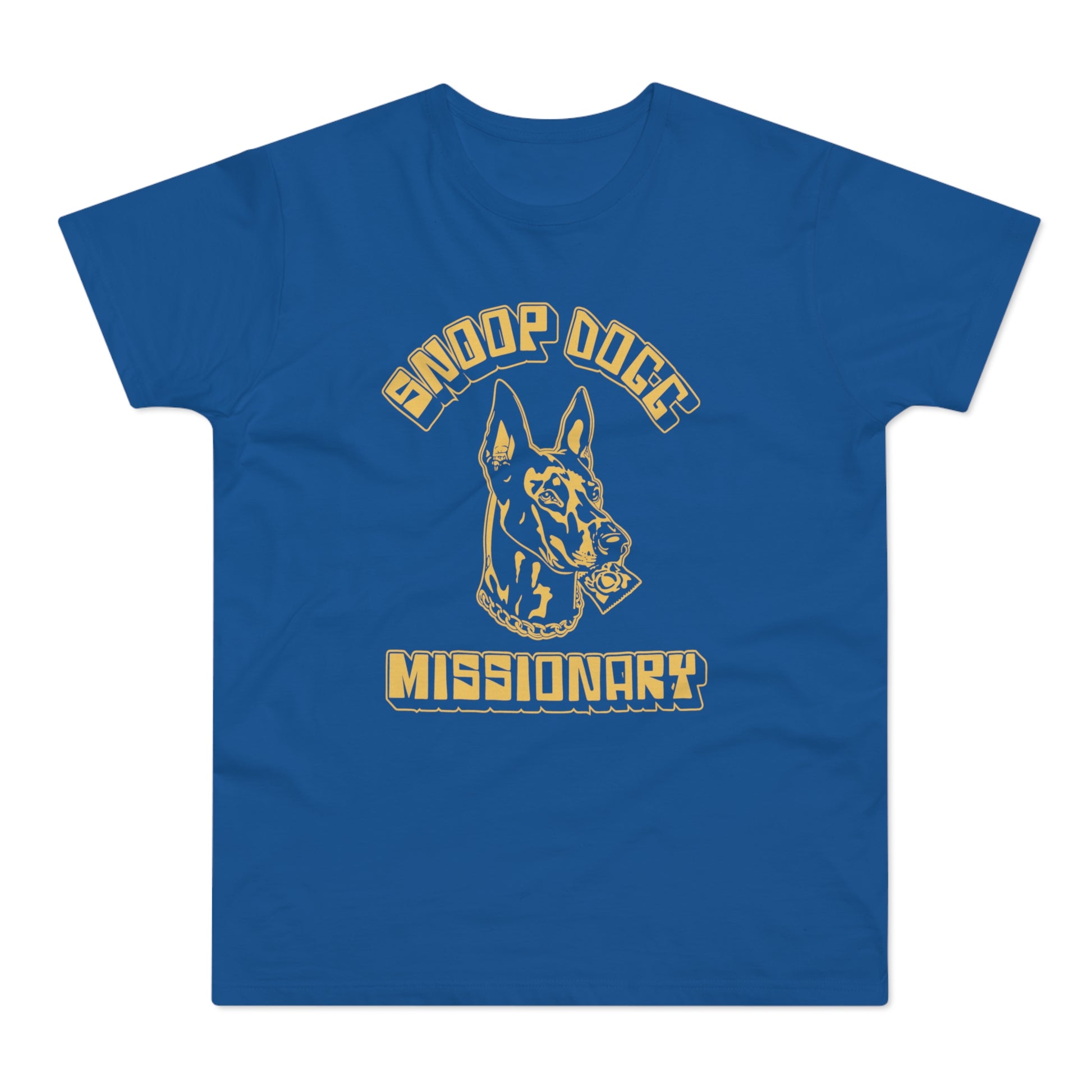 Blue t-shirt with gold Doberman graphic and "Snoop Dogg Missionary" text.