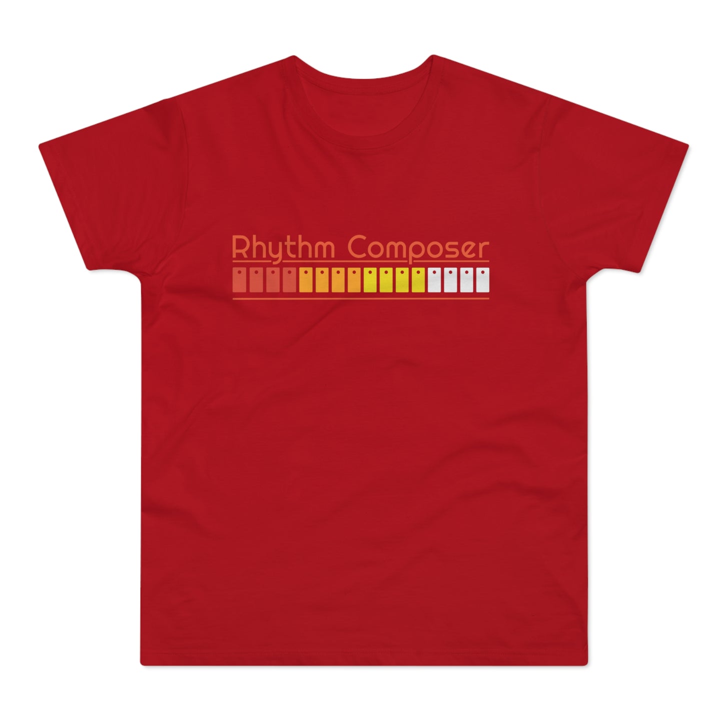 Red t-shirt with "Rhythm Composer" text and colored squares.