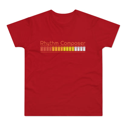 Red t-shirt with "Rhythm Composer" text and colored squares.