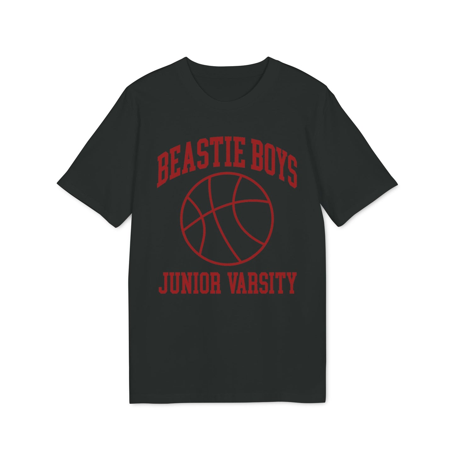 Black t-shirt with red "Beastie Boys Junior Varsity" text and basketball graphic.