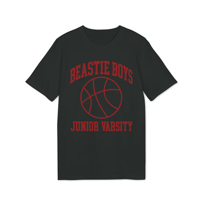 Black t-shirt with red "Beastie Boys Junior Varsity" text and basketball graphic.