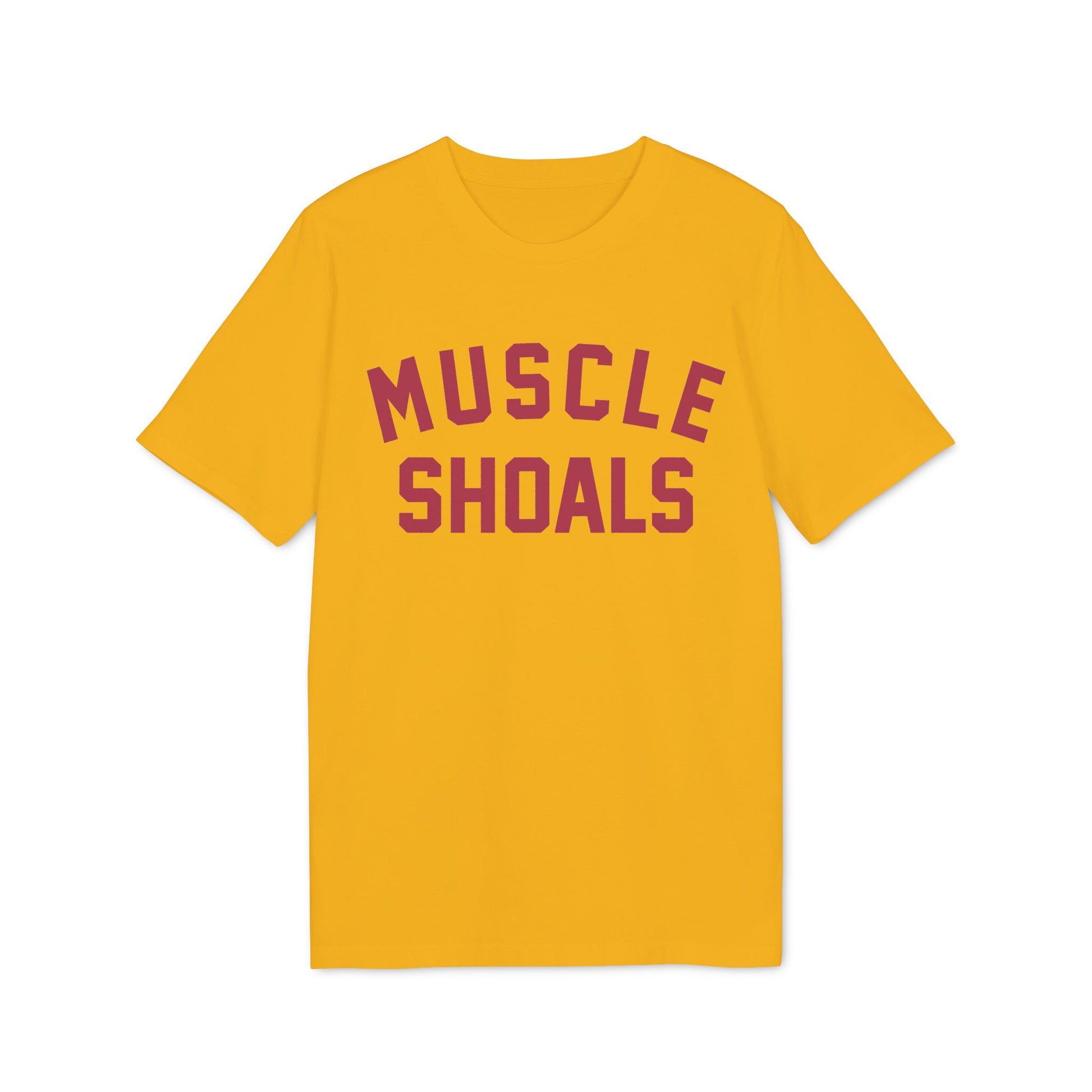 Yellow t-shirt with maroon "MUSCLE SHOALS" text.