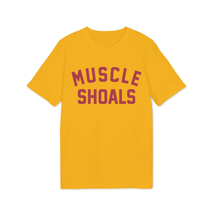 Yellow t-shirt with maroon "MUSCLE SHOALS" text.