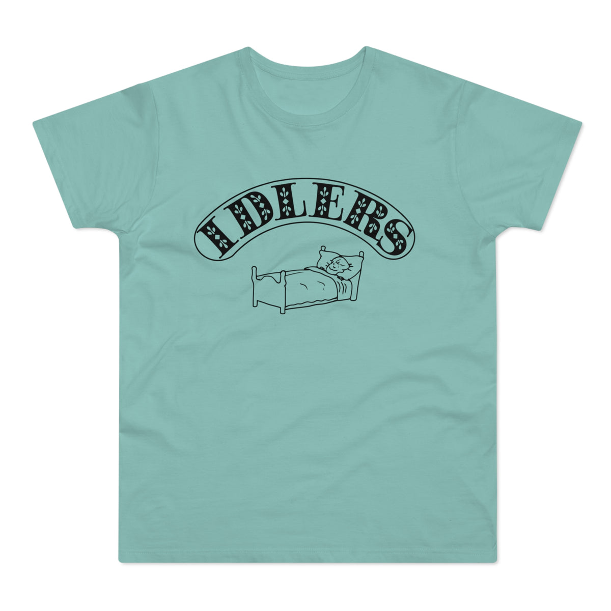 T-shirt with "FIDLERS" text above a drawing of a person in bed.