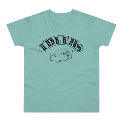 T-shirt with "FIDLERS" text above a drawing of a person in bed.