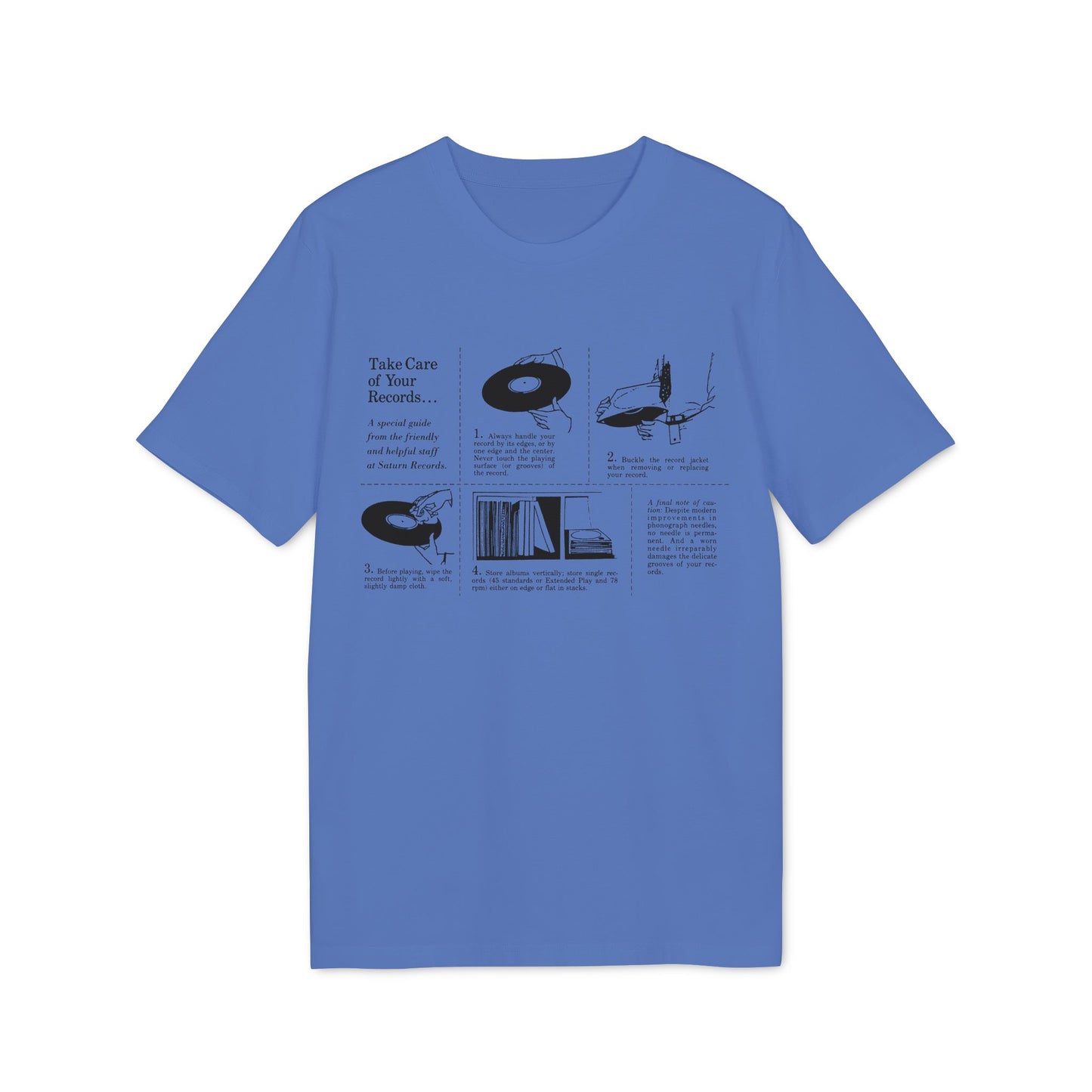T-shirt with graphics illustrating how to "Take Care of Your Records..."