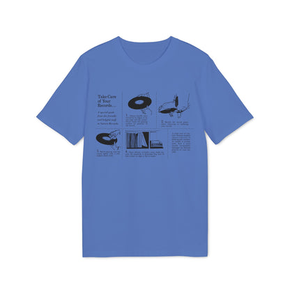 T-shirt with graphics illustrating how to "Take Care of Your Records..."