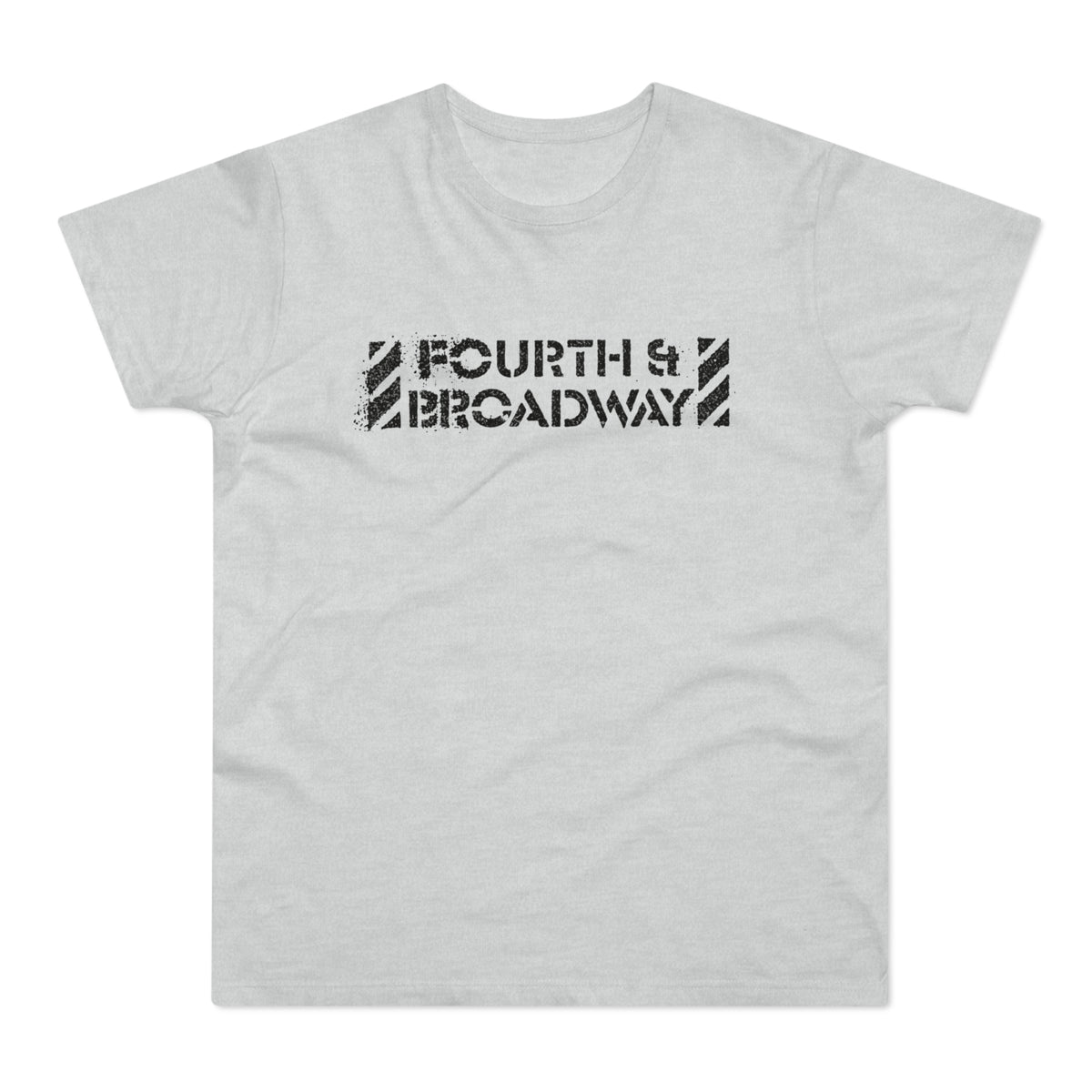 Light gray t-shirt with black distressed Fourth and Broadway text and striped graphic on the chest.