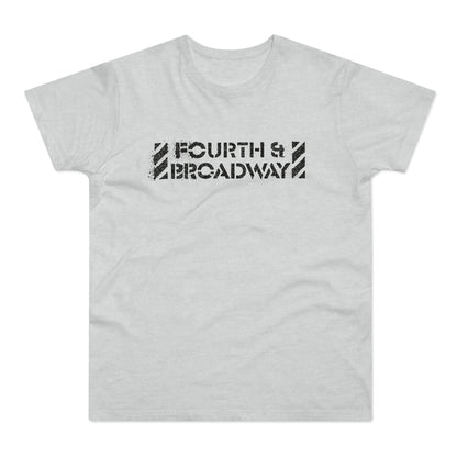Light gray t-shirt with black distressed Fourth and Broadway text and striped graphic on the chest.