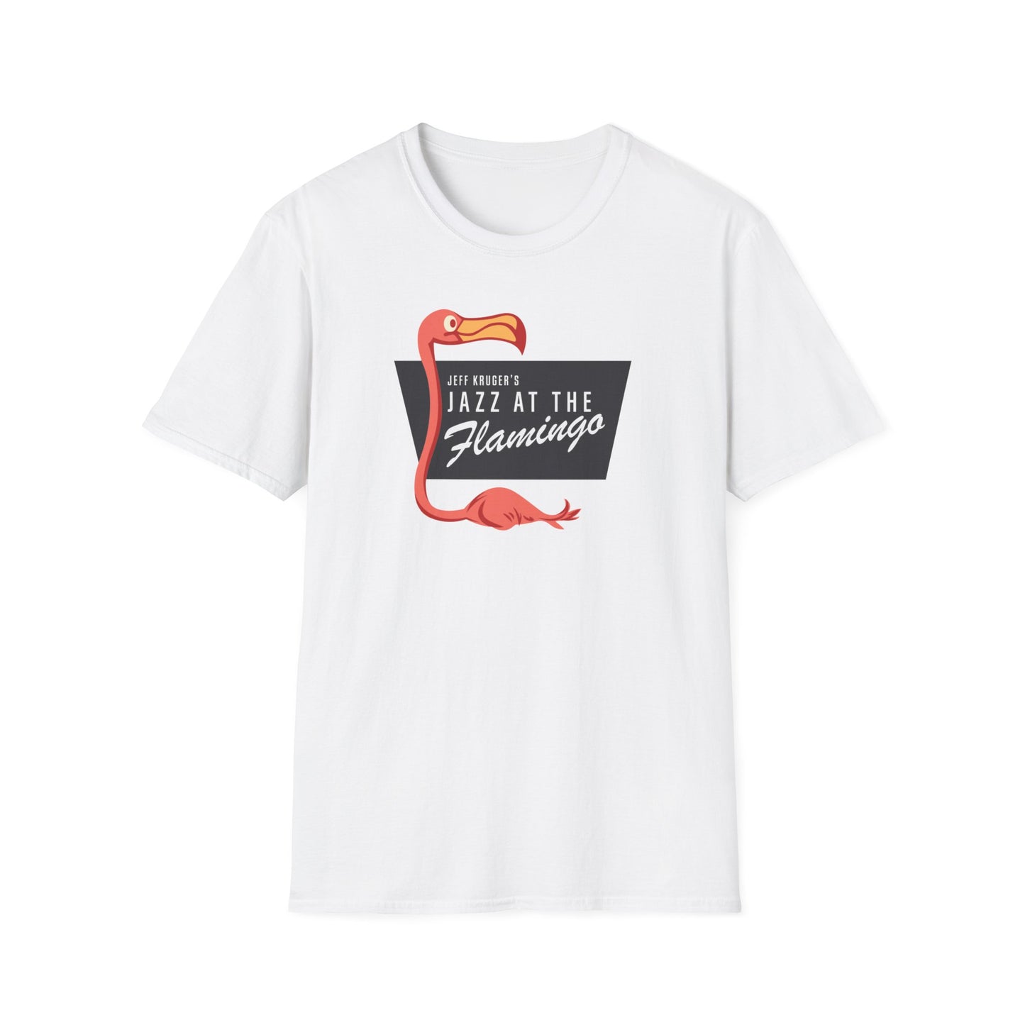 White t-shirt with a pink flamingo graphic and "Jeff Kruger's Jazz at the Flamingo" text.