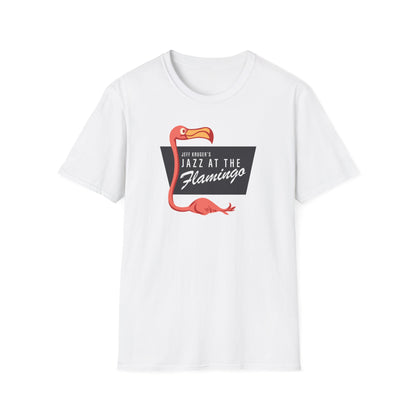 White t-shirt with a pink flamingo graphic and "Jeff Kruger's Jazz at the Flamingo" text.