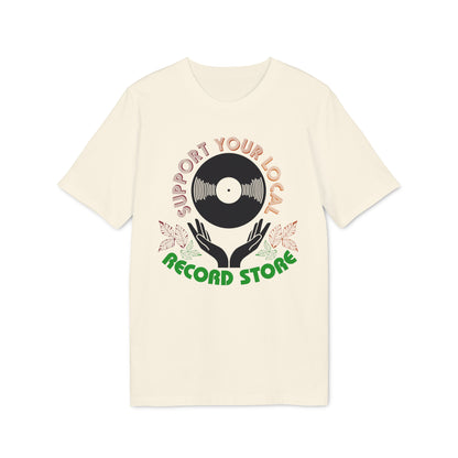 Cream t-shirt with "Support Your Local Record Store" text, vinyl record, and hands graphic.