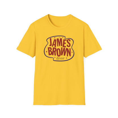 Yellow t-shirt with "The James Brown Revue" logo in red and blue.